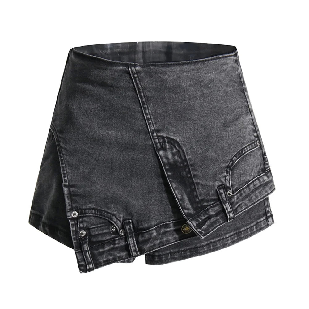 Patchwork Pocket Irregular Chic Denim Shorts For Women High Waist Spliced Zipper Designer Short Pants Female New BLACK