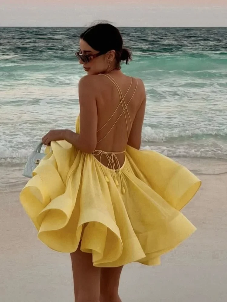Elegant Yellow Pleated A-line Hem Mini Dress Women Sexy Sleeveless Open Back Lace-up Dresses Summer Lady Holiday Beach Vestidos Yellow