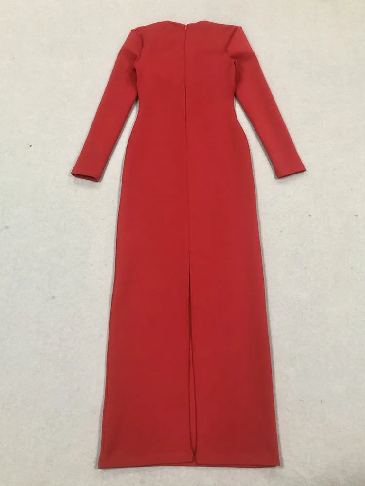 Women Celebrity Sexy Long Sleeve Diamonds Red Maxi Long Bandage Bodycon Dress 2025 Elegant Evening Club Party Outfit