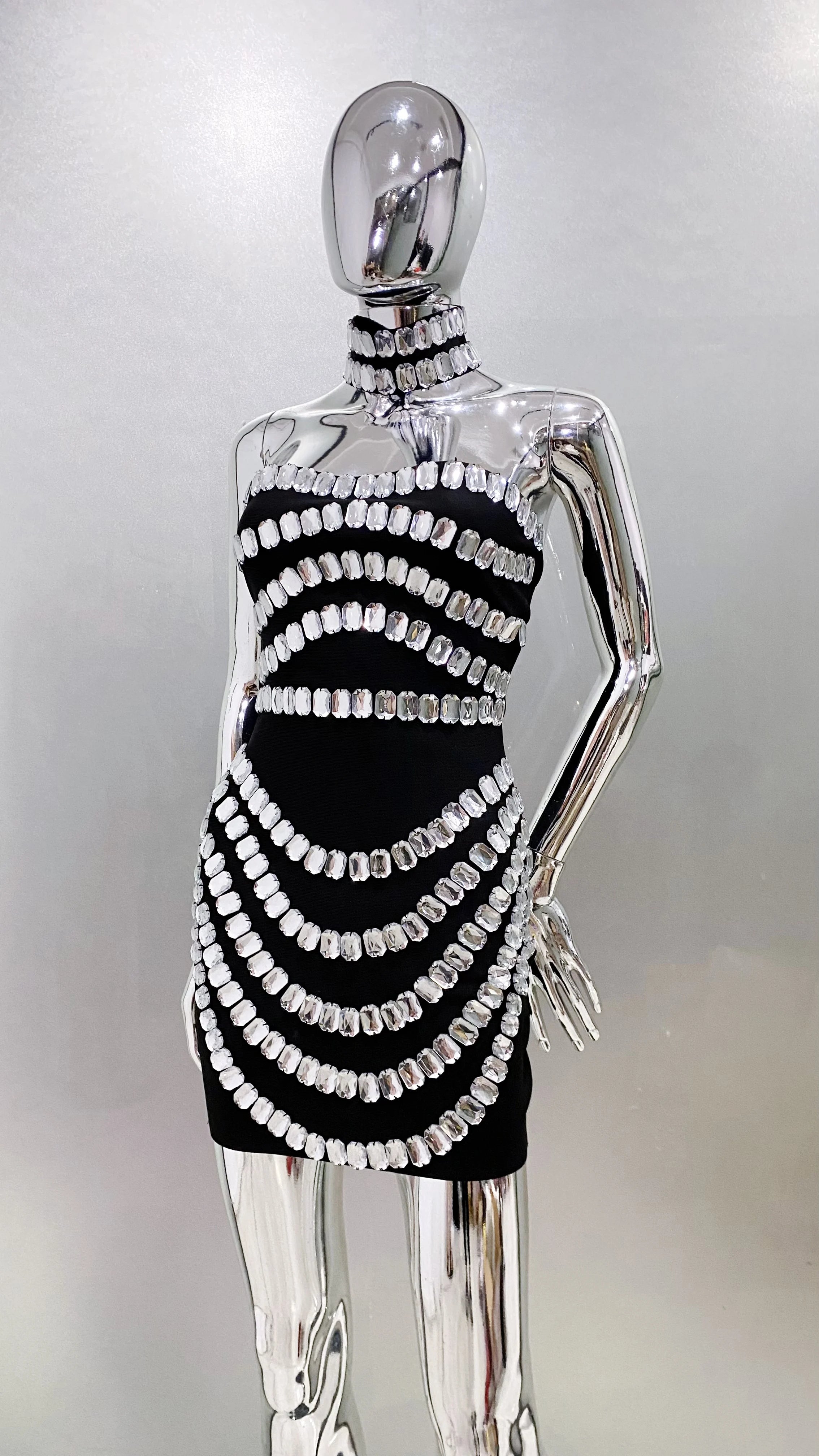 2025 Stylish Necklace Shining Diamonds Strapless Black Bandage Mini Dress Fashion Woman Party Vestido Celebrity Birthday Outfit