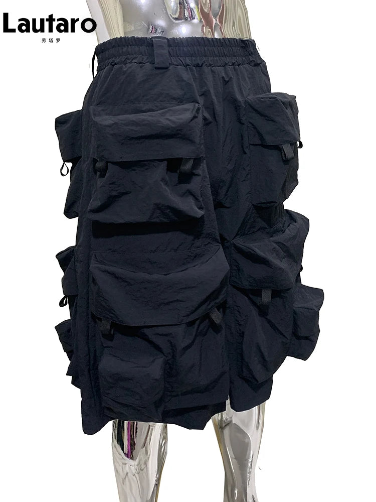 Lautaro Summer Autumn Thin Waterproof Black Nylon Cargo Shorts for Men with Many Pockets Luxury Designer Emo Techwear Clothes