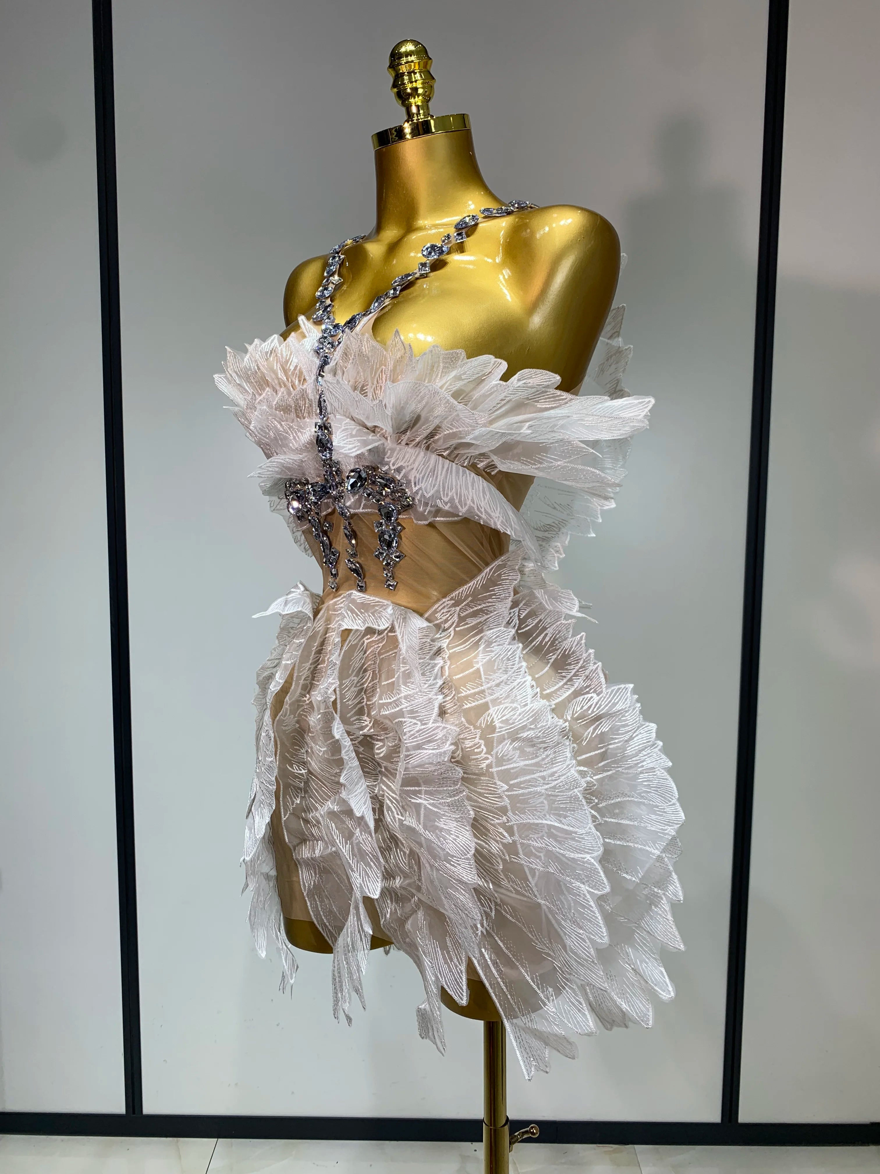 Luxury Birthday Dress Women Sexy White Crystal Transparent Wings Mini Dress Nightclub Evening Party Singer Stage Perform Costume