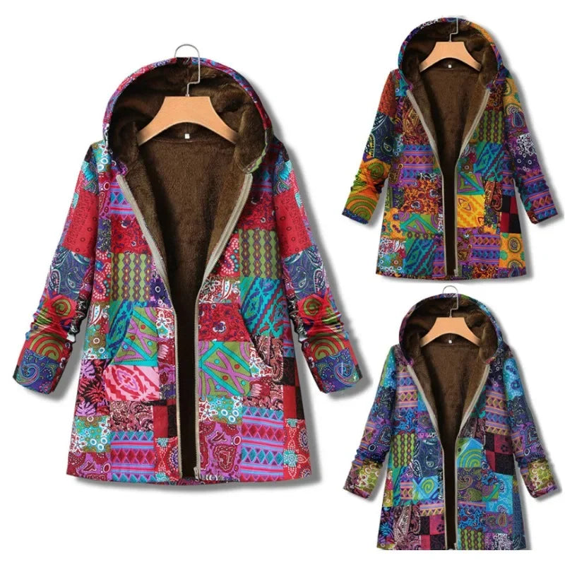 Thickened Zipper Hooded Coat Coat Coat Autumn and Winter New Cotton and Hemp Coat Women's Vintage Warm Printing Pocket