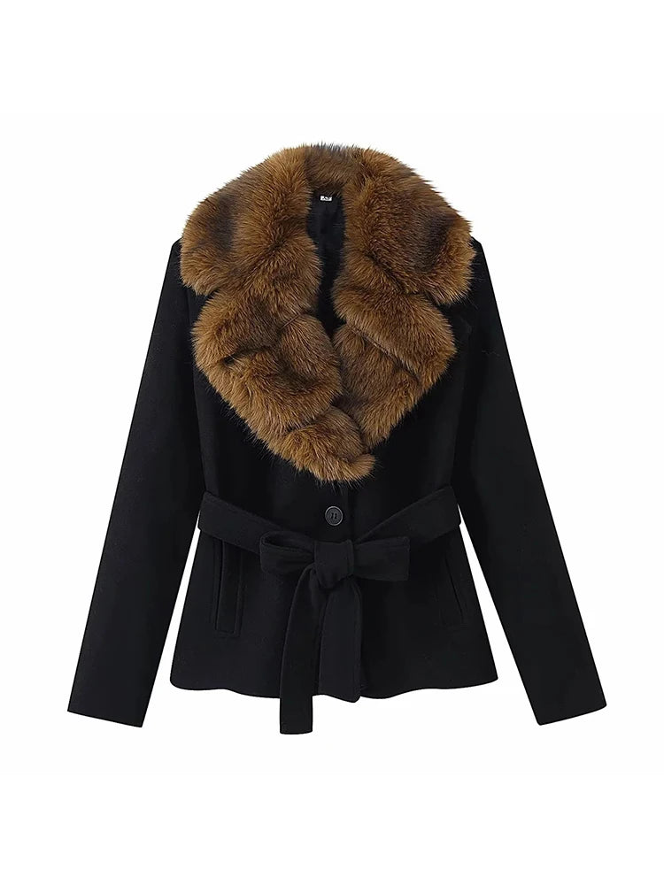 Women New Elegant Faux Fur Coat Women Lace Up Lapel Full Sleeves Fluffy Jackets Fashion Warm Outwears Lady