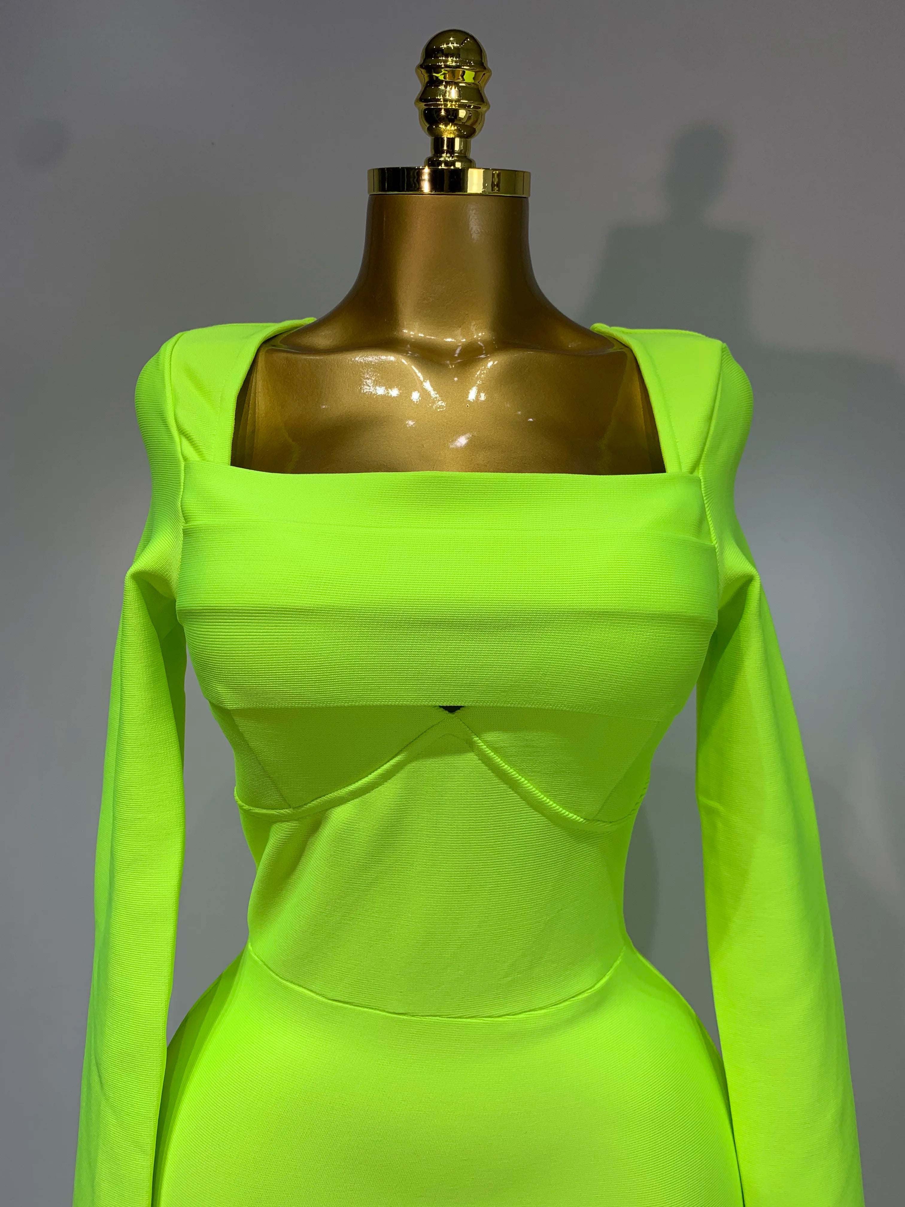 Women Sexy Long Sleeve Square Collar Fluorescent Green Midi Bodycon Bandage Dress 2025 Elegant Evening Birthday Party Dresses