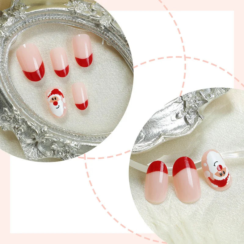 Cartoon Santas/Snowman Christmas Fake Nails 24Pcs Short Square Nude Pink Press On Nails Love Printed New Year Party Nails Art