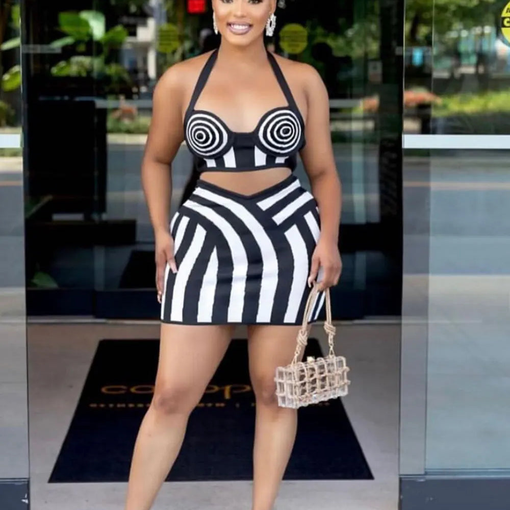 2024 Sexy Women'S Striped Short Skirt Set Hanging Neck Style Sleeveless Backless Ultra Short Vest Top+Mini Skirt Two-Piece Set black