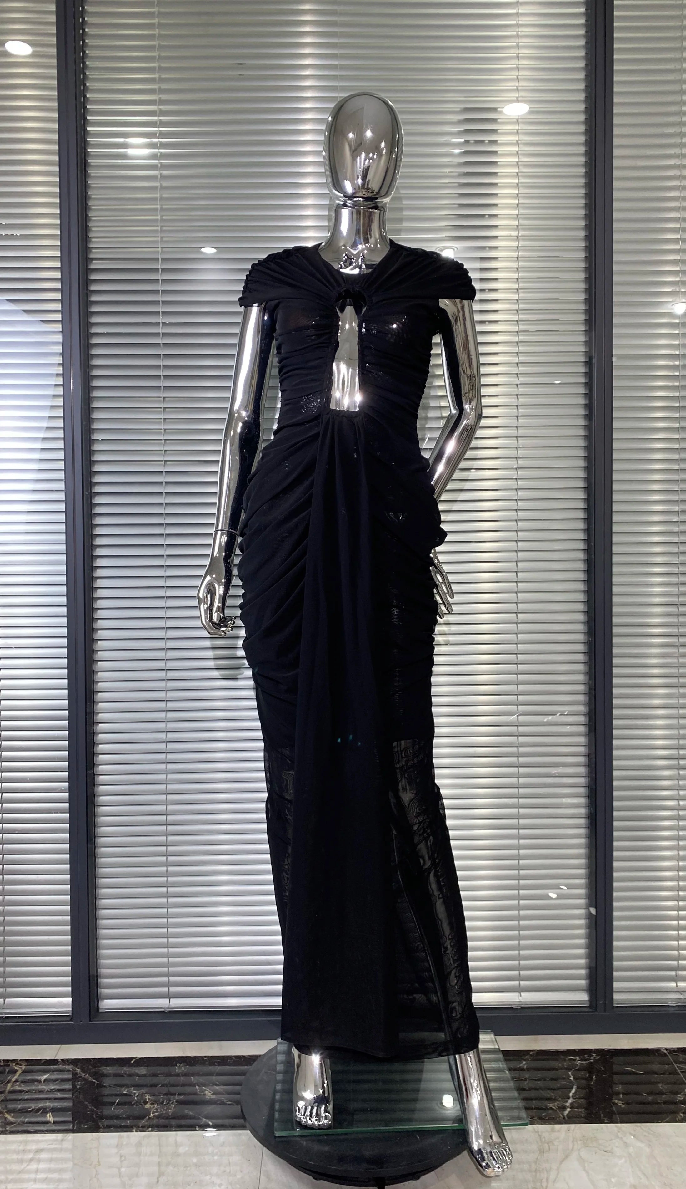 New Sexy Hollow Out SeeThrough Mesh Ankle Leng Evening Dress Fashion Woman Birthday Party Vestido Celebrity Evening Party Outfit