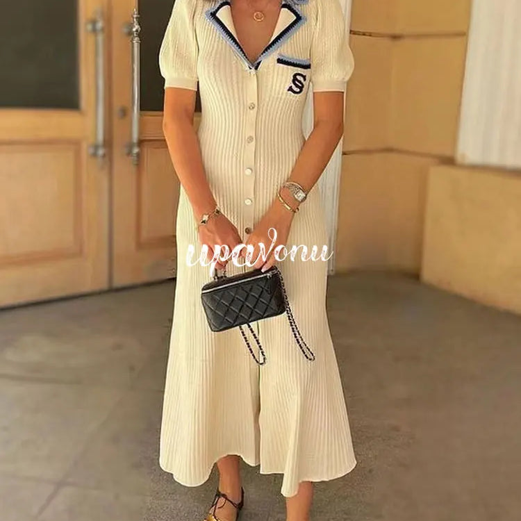 Elegant Women's Slim Fit Knitted Dress Fashionable Polo Neck Short Sleeve Single breasted Design Split Knitted Mid length Dress