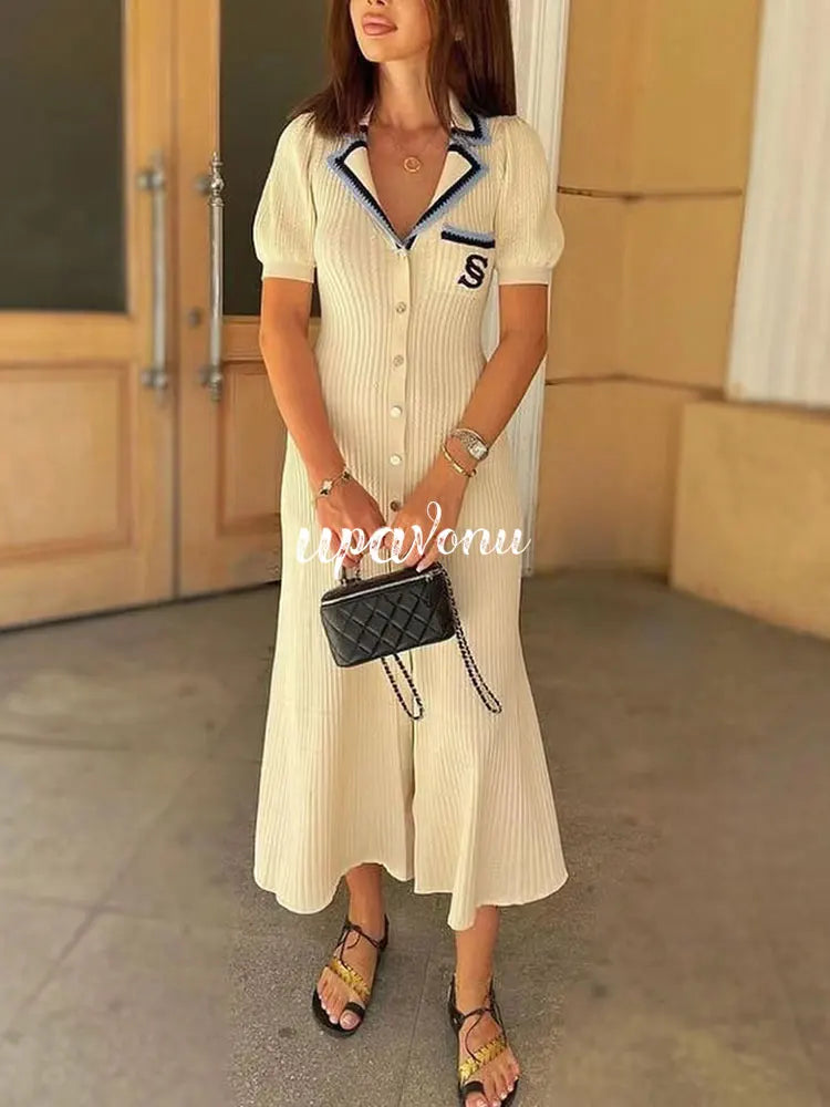 Elegant Women's Slim Fit Knitted Dress Fashionable Polo Neck Short Sleeve Single breasted Design Split Knitted Mid length Dress