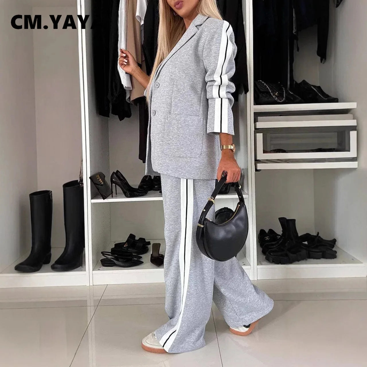 CM.YAYA Elegant Women Pants Suit and Long Sleeve Blazer Matching Set OL Streetwear Two 2 Piece Set 2024 Winter Ribbon Outfits