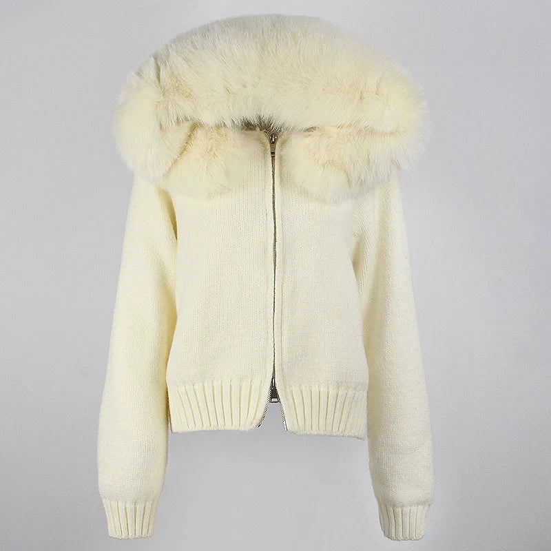 Coat Women Cardigan Natural Fox Fur Coat Women Real Mongolian Fur Knitwear Female Spring Autumn Hooded Knitted Fur Jacket Beige fox One Size