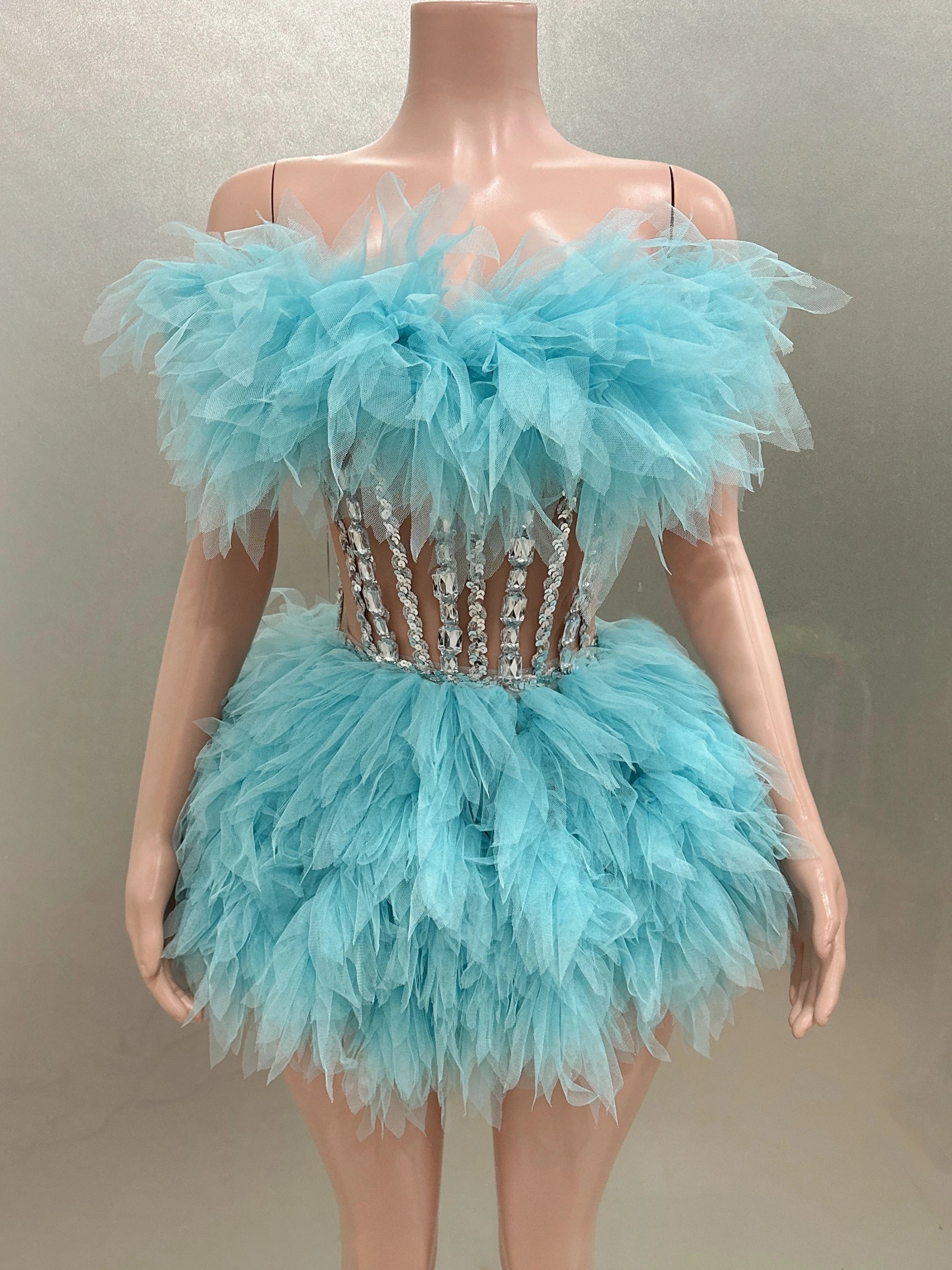 Hot Sale Women Sexy Mesh Ruffles Ball Gown Mini 2 Pieces Dress Lace-up Crystal Birthday Party Celebrate Nightclub Wear