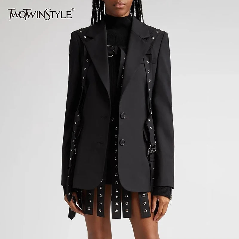 Solid Patchwork Belts Blazers For Women Notched Collar Long Sleeve Patchwork Single Breasted Chic Blazer Female New