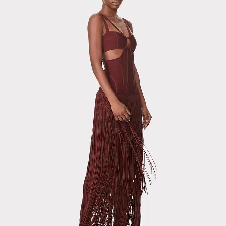 2024 Summer Sexy Tassel Bandage Dresses Women's Spaghetti Sleeveless Hollow Bodycon Long Dress Celebrity Evening Party Vesidos