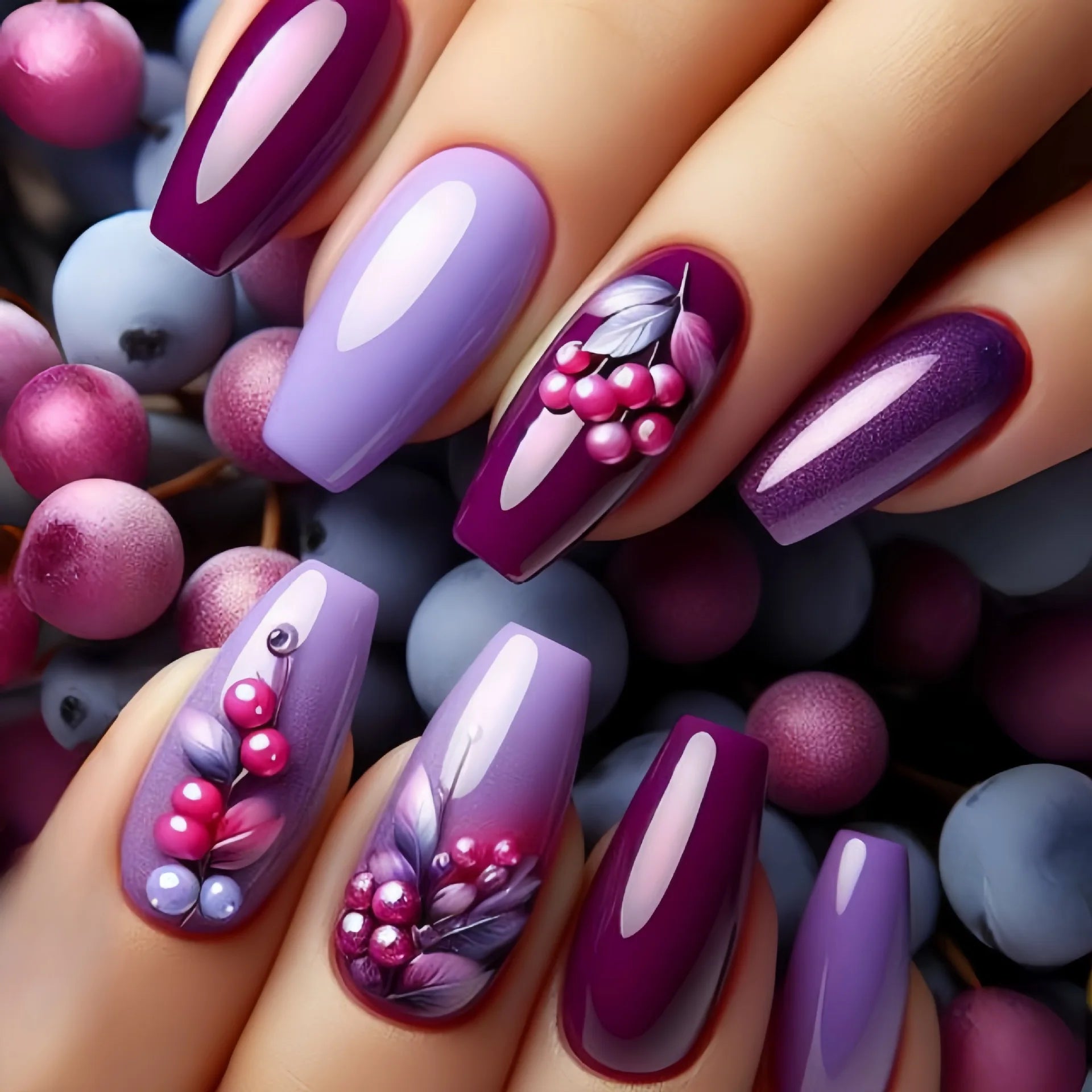 24pcs/set medium long fake nails for Spring summer season beautiful peach flowers butterfly design press on false nail art tips 1816