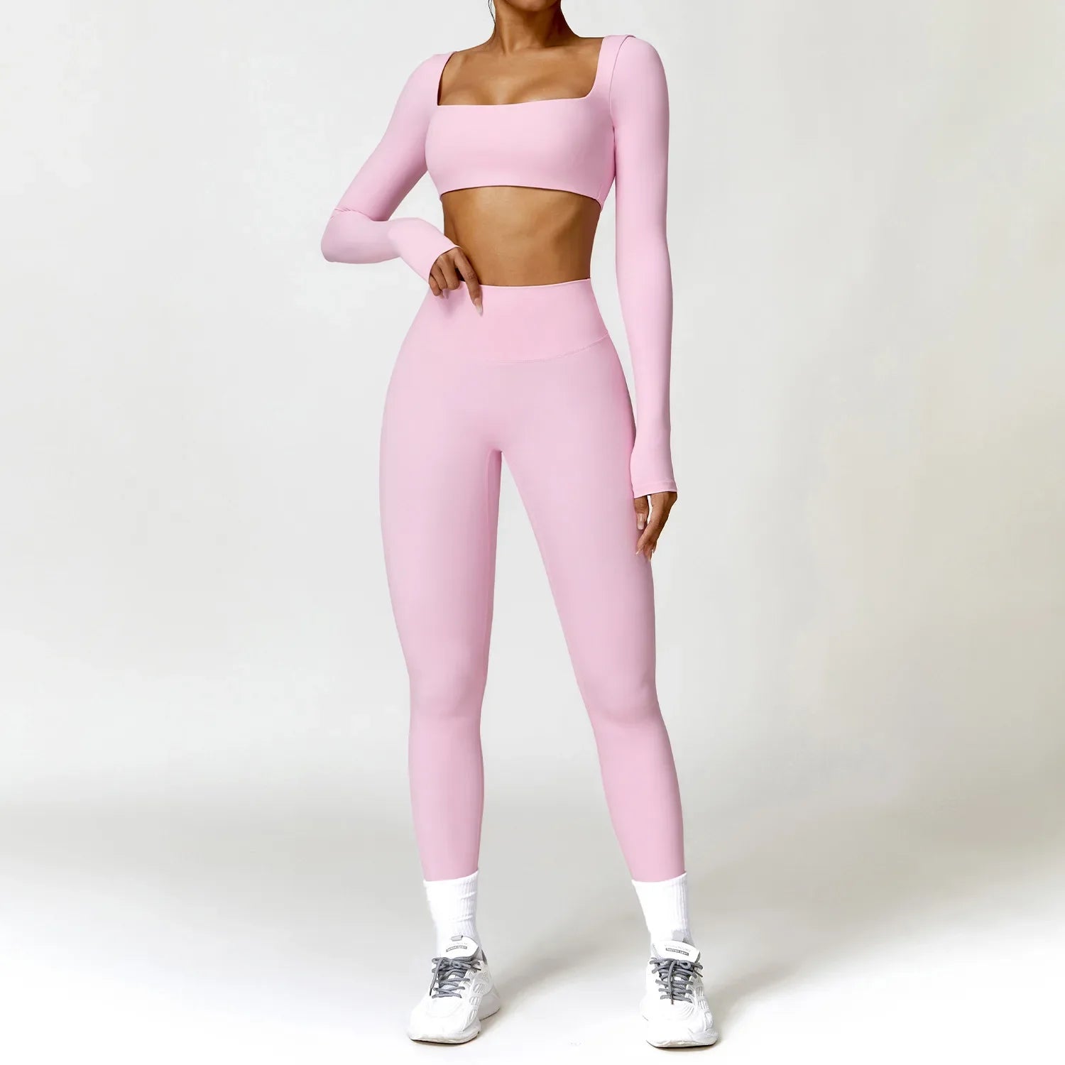 Women Tracksuit Yoga Set 2PCS Sportswear Workout Clothes Athletic Wear Gym Legging Fitness Bra Crop Top Long Sleeve Sports Suits Pink Set-4