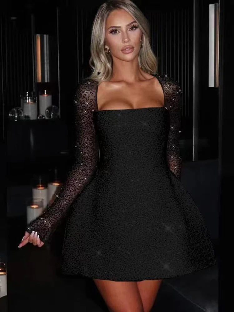 Sequins Long Sleeve Backless Sexy Mini Dress Women Robe Fashion Sparkle Lace-up High Waist A-line Club Dress Vestido