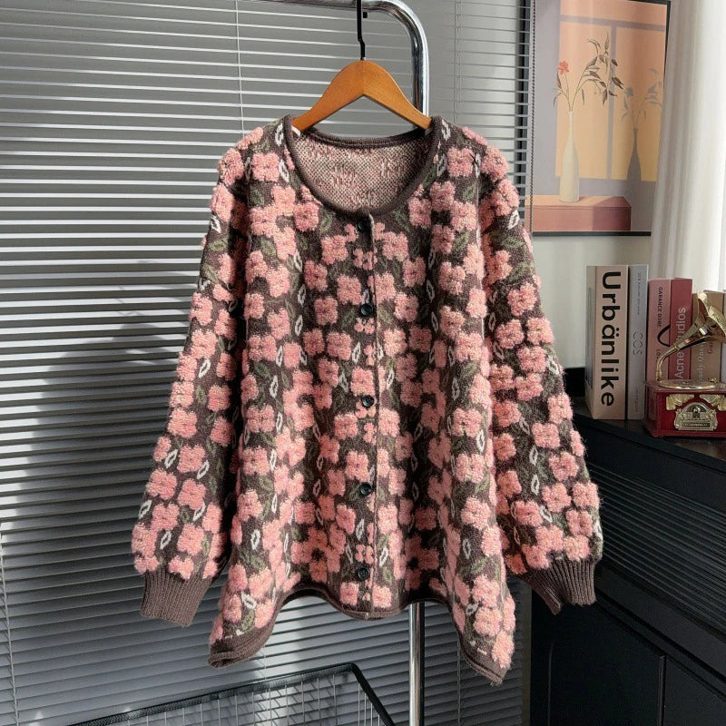 Autumn Winter New Heavy Jacquard Knitted Cardigan For Women Casual Loose High-End Lazy Style Sweater Coat 11A07748 Coffee One Size