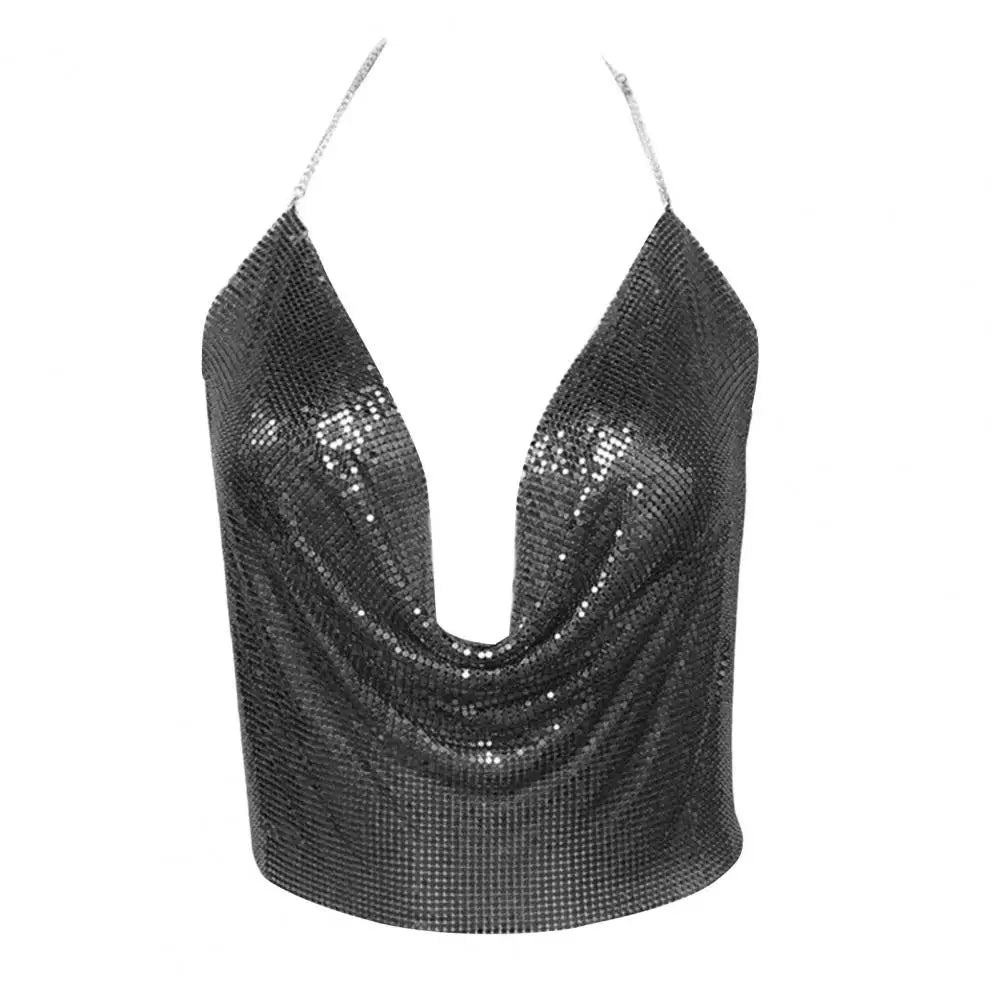 Sexy Vest Loose Summer Vest Deep V-neck Sleeveless Off Shoulder Navel Exposed Women Metal Texture Sexy Low-cut Halter Top Dating black One Size