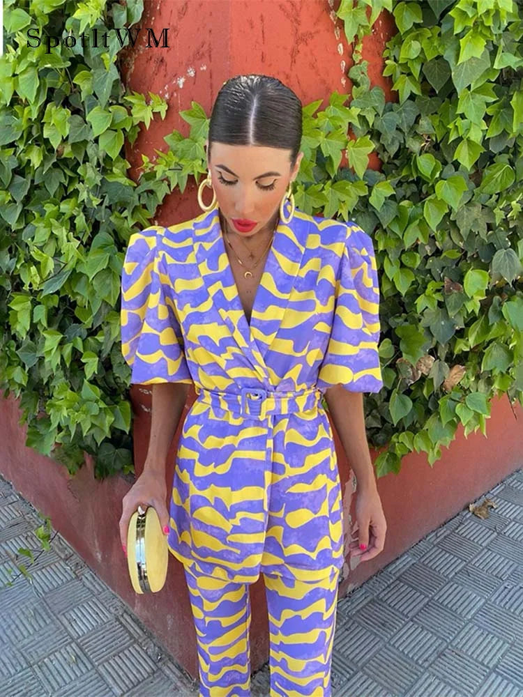 Wave Striped Print Blazer Pants Set For Women Loose Lapel Puff Short Sleeve Coat Suit New Elegant Female High Street Outfit