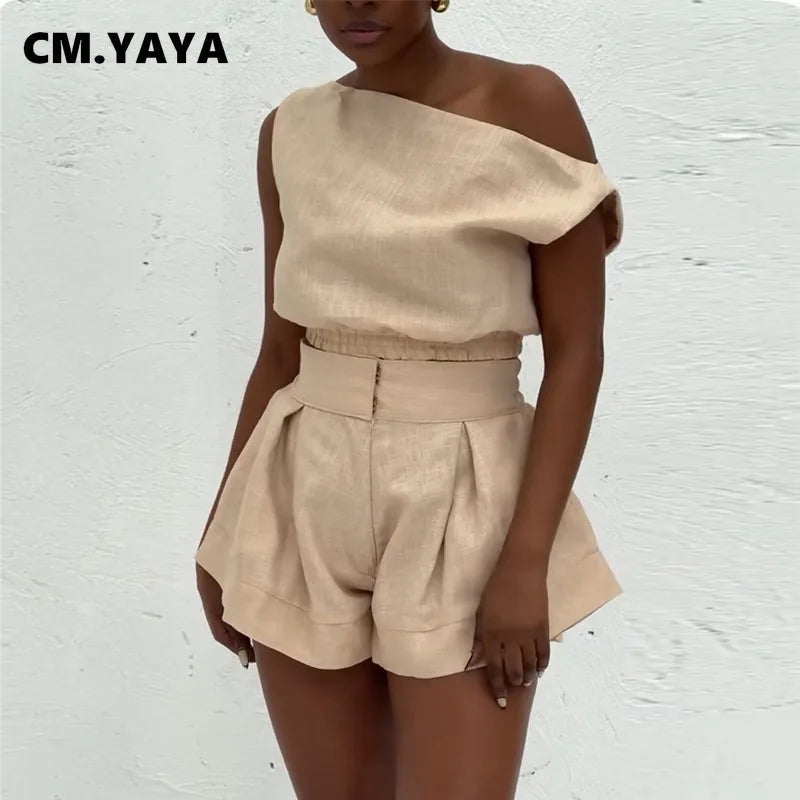 Fashion Women's Set Off Shoulder Sleeveless Blouse Shirt Top and Flare Shorts Suit 2025 Street Two 2 Piece Sets Outfits