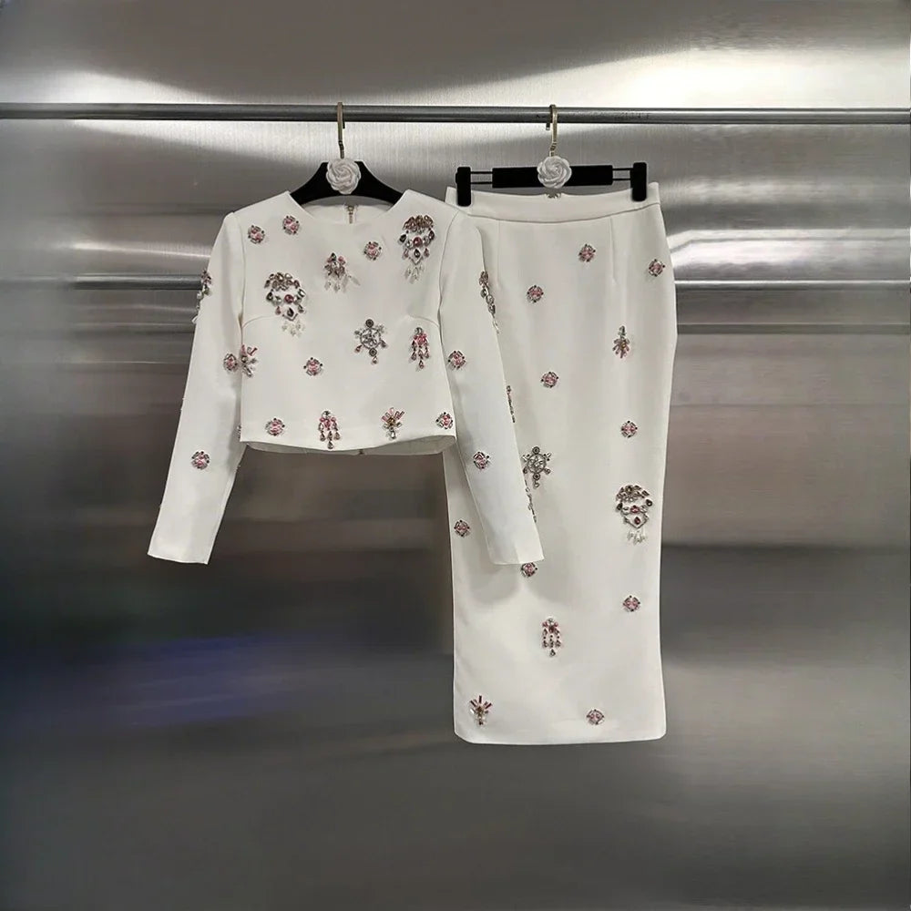 Solid Slimming Two Piece Sets for Women Round Neck Long Sleeves Patchwork Diamonds Top High Wasit Skirt Female New WHITE