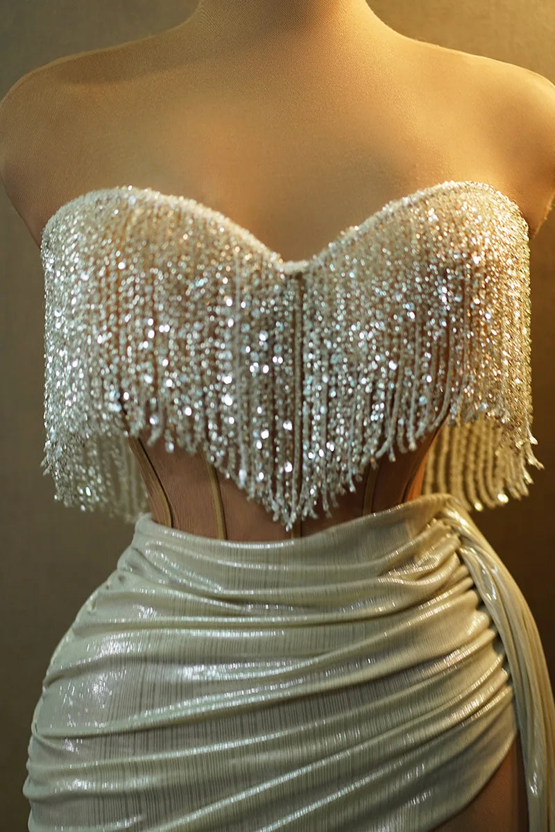 New Summer Beading Tassel Sexy See Through STrapless Top And Mini Skirt 2 Pieces Woman Set Party Vestido Performances Costume