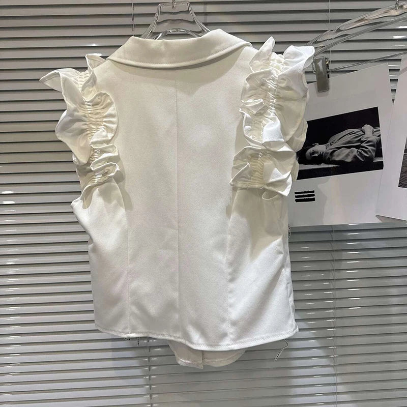 Spring New Sweet Temperament Ruffled Tie Sleeve Solid Color Tank Top For Women Versatile Single-breasted Vest 11A07933