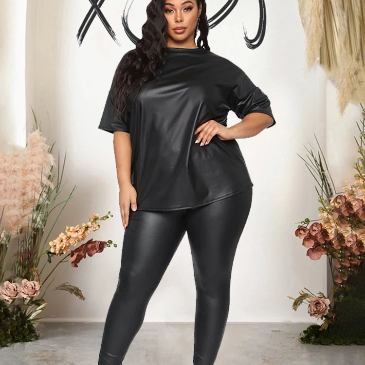 Women Summer Clothes Leather Outfit 2 Piece Set Short Sleeve Blouse Top and Stretchy Leggings Ladies Plus Size Pu Suits in Black