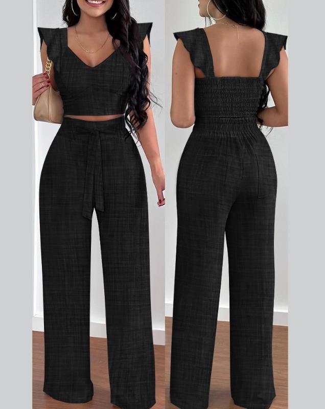 Two Piece Sets Womens Outifits 2024 Spring Fashion Shirred V-Neck Sleeveless Crop Top & Casual Pocket Design Wide Leg Pants Set A