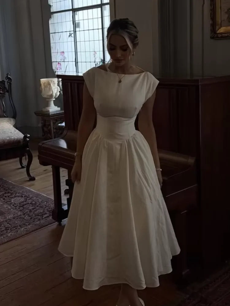 2025 Elegant White O Neck Pleated Hem Maxi Dress Women Fashion Open Back Solid A-line Dresses New Spring Summer Lady Party Robes White