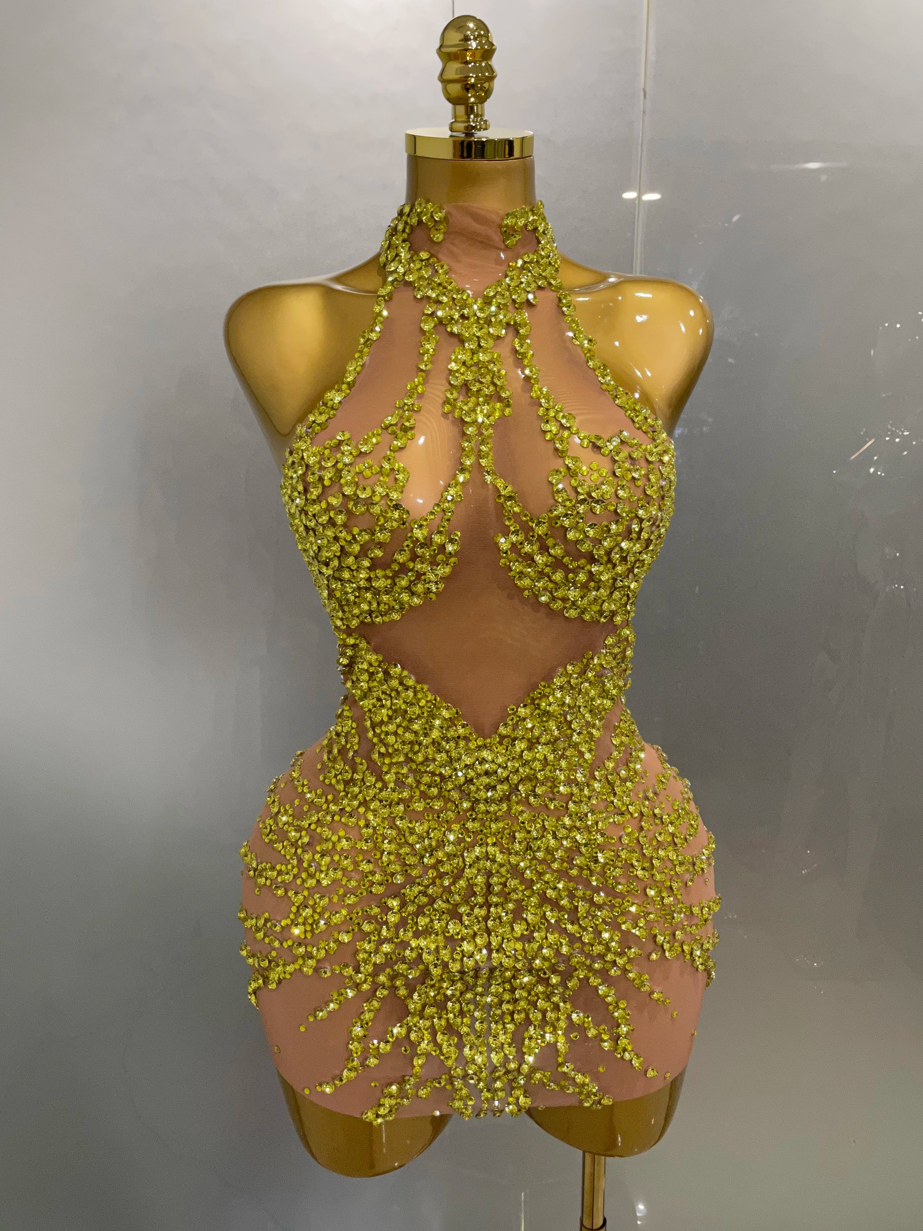 Luxury Sparkle Rhinestones Mesh Transparent Prom Dress 2025 New Women Sexy Birthday Celebrate Party Club Prom Outfit Bar Costume Gold