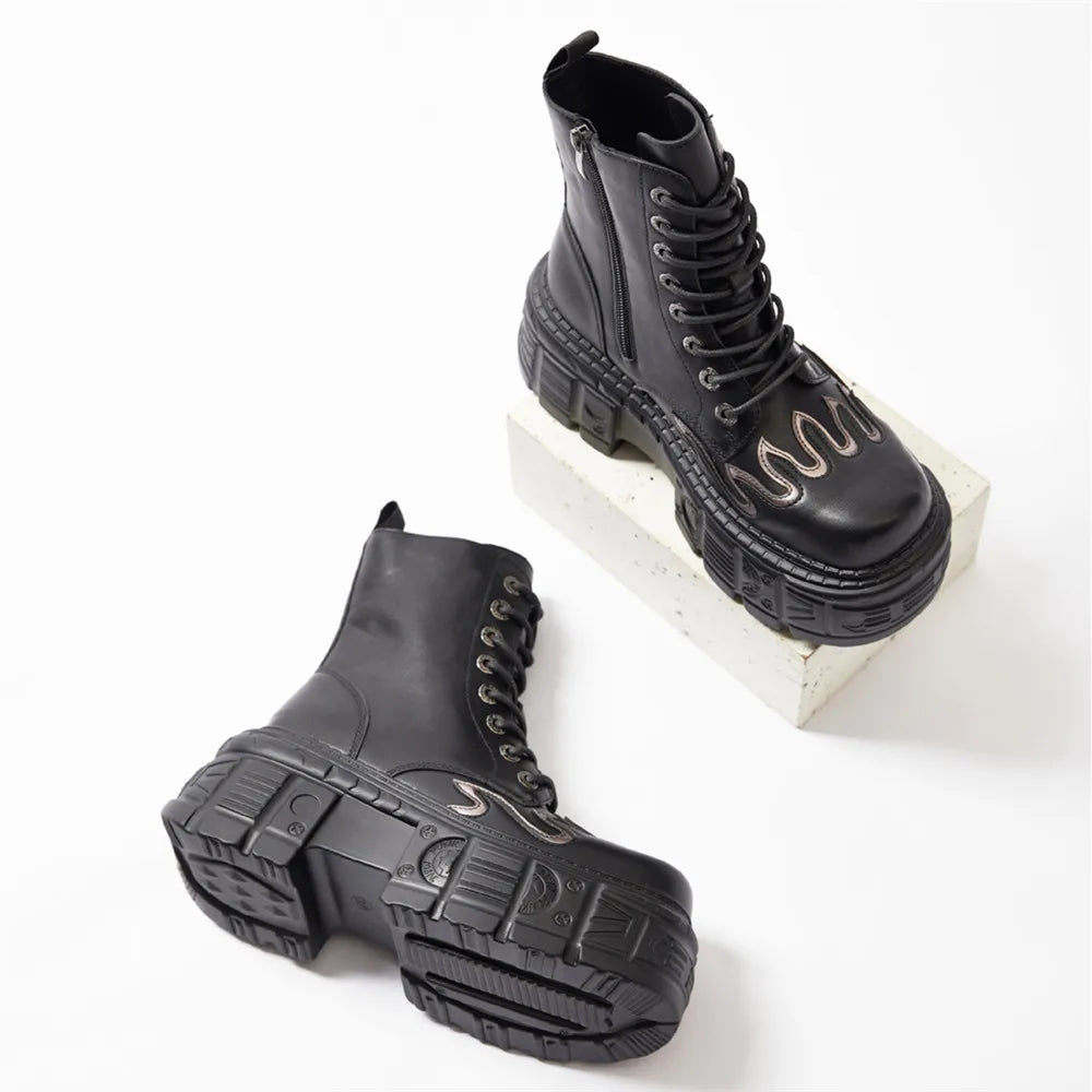Fashion Women Punk Lace-Up Round Toe Boots For Woman's Thick Bottom Knee High Botas Mujer 2025 Motorcycle Party Platform Shoes