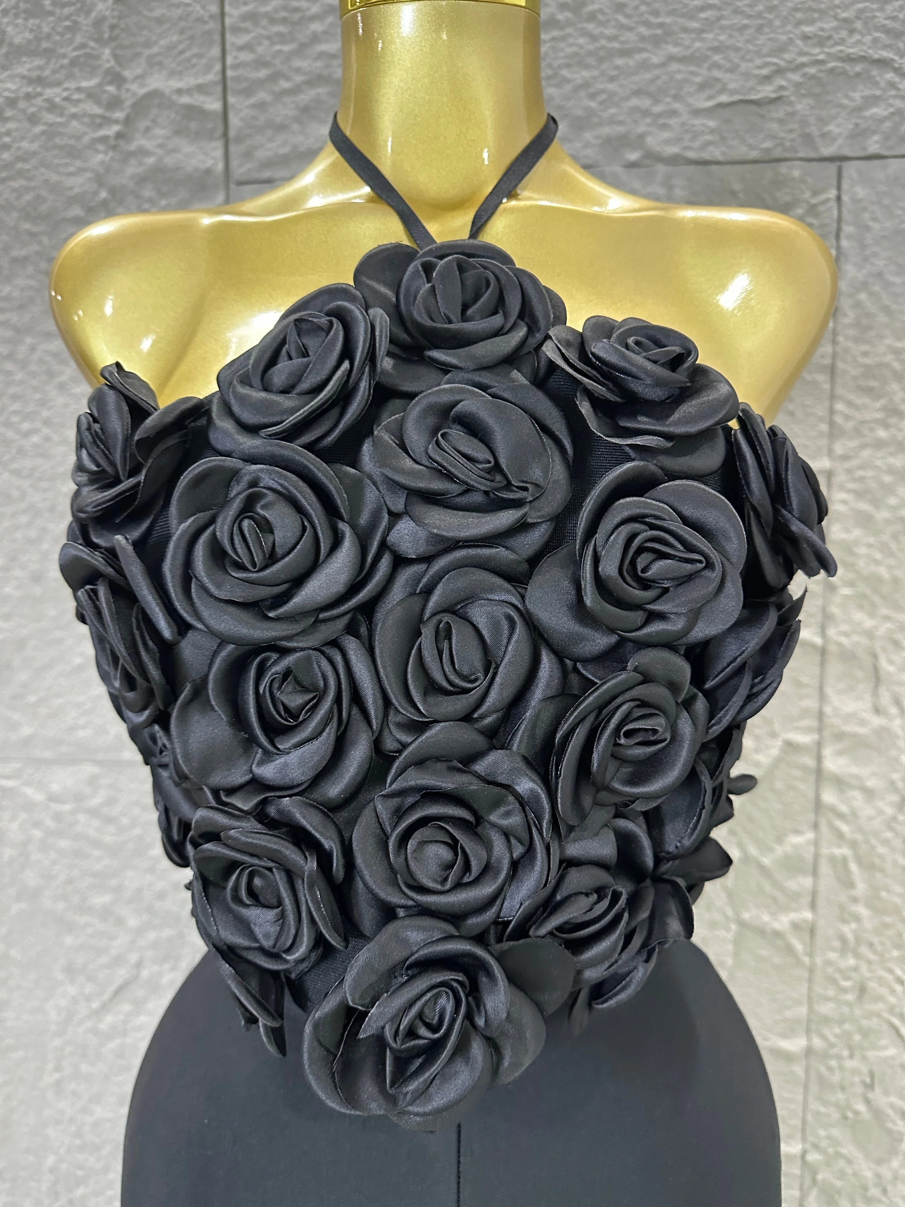 Elegant Two Piece Set Women Halter 3D Flower Crop Top High Waist Flare Pants Bandage Suit Party Casual Formal Wear