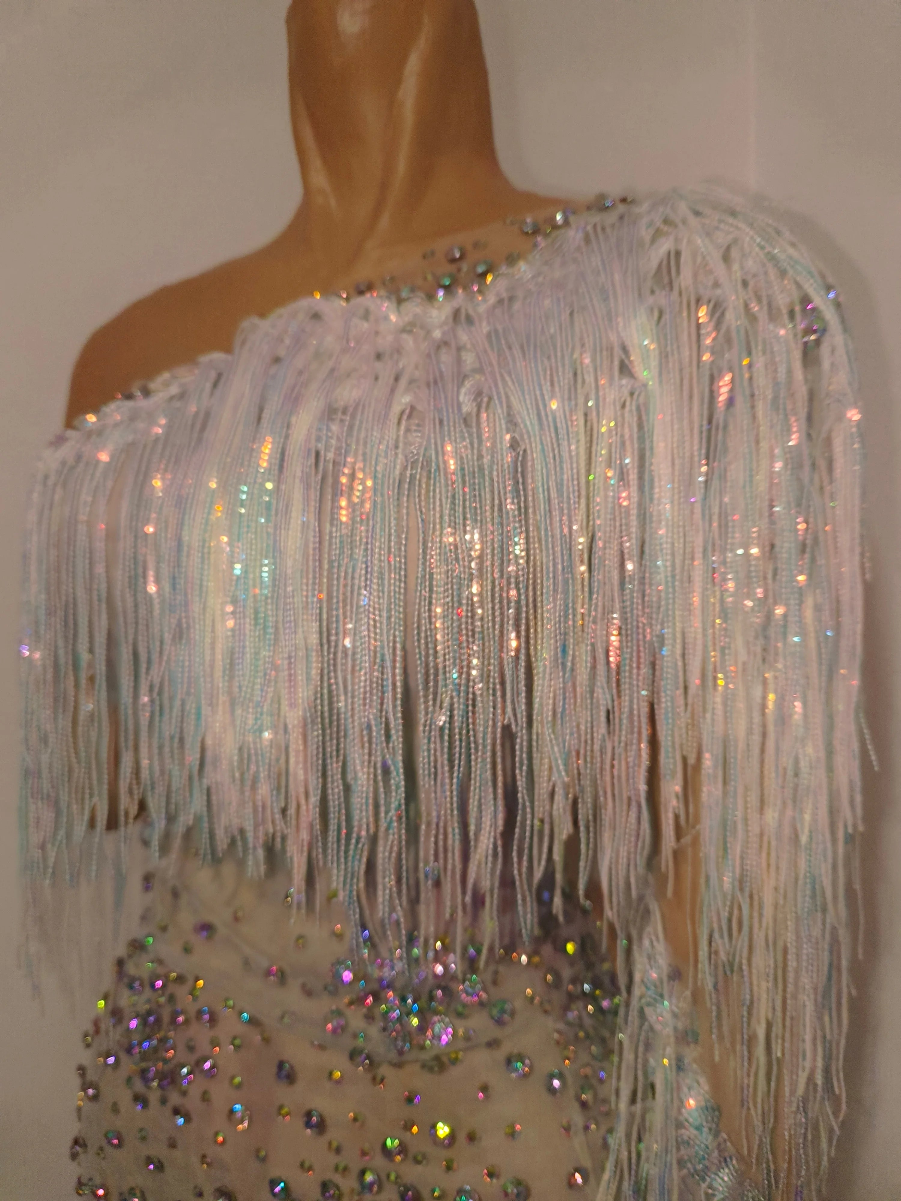 Glamorous Nude Sheer Mesh Dress Women Long Sleeve AB Rhinestone Fringe Embellished Nightclub Party Dance Performance Outfit