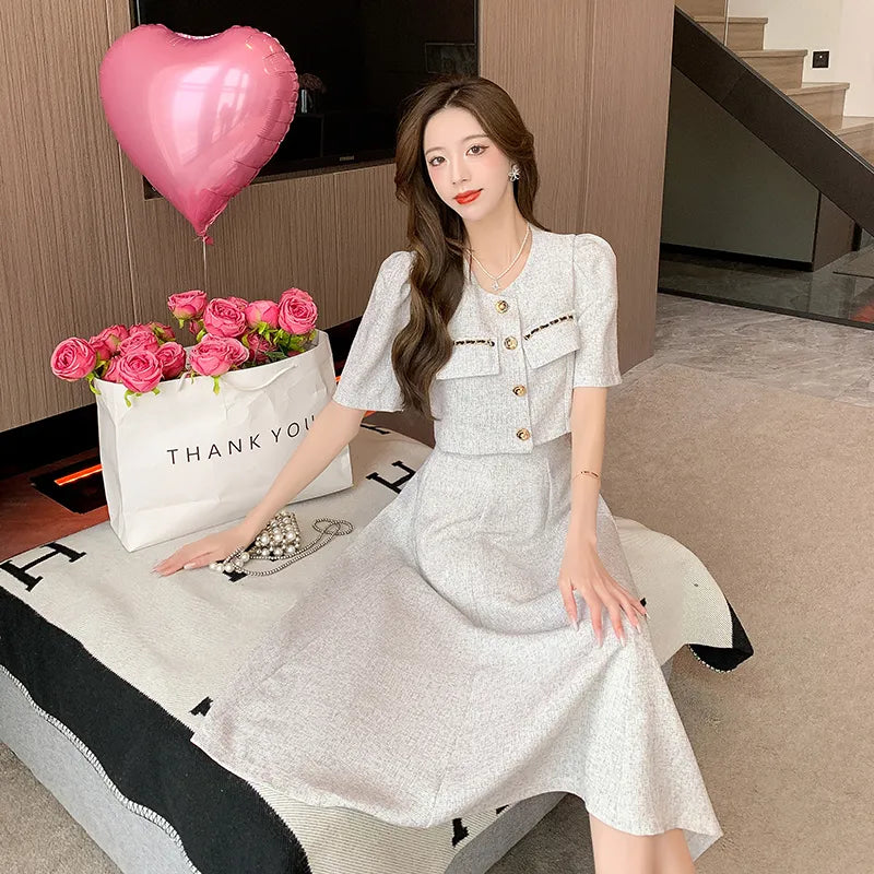 小さな香りの新しい夏のファッション韓国の甘いエレガントな 2 点セット女性コートトップ + ミディスカートスーツレディース 2 ピースセット