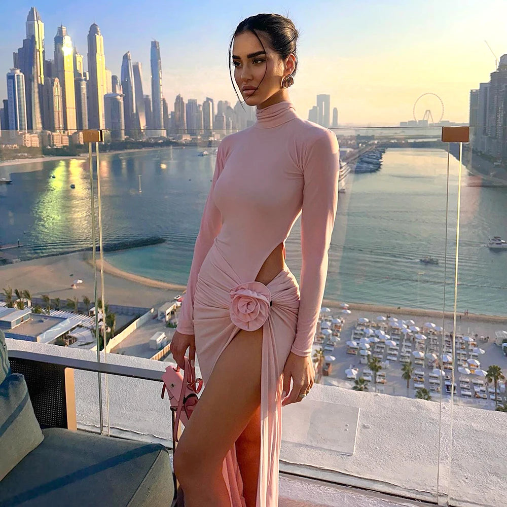 Pink Long Dresses For Women Chic And Elegant Long Sleeve Hollowed Out 3D Flower Pleated High Slit Celebrity Party Gown Pink