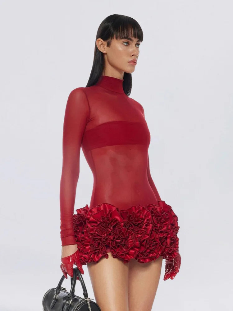 New White Women Long Sleeve Sexy Mesh See through Bodycon Mini Bandage Dress Florals Fashion Celebrate Nightclub Party Outfit