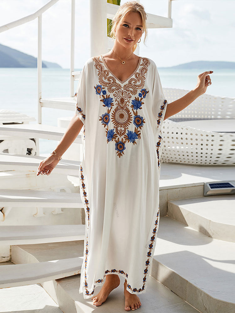Vintage Embroidery Kaftan Sexy V-neck Batwing Sleeve High Waist Maxi Dress Tunic Women Clothing Summer Beach Dresses Q660