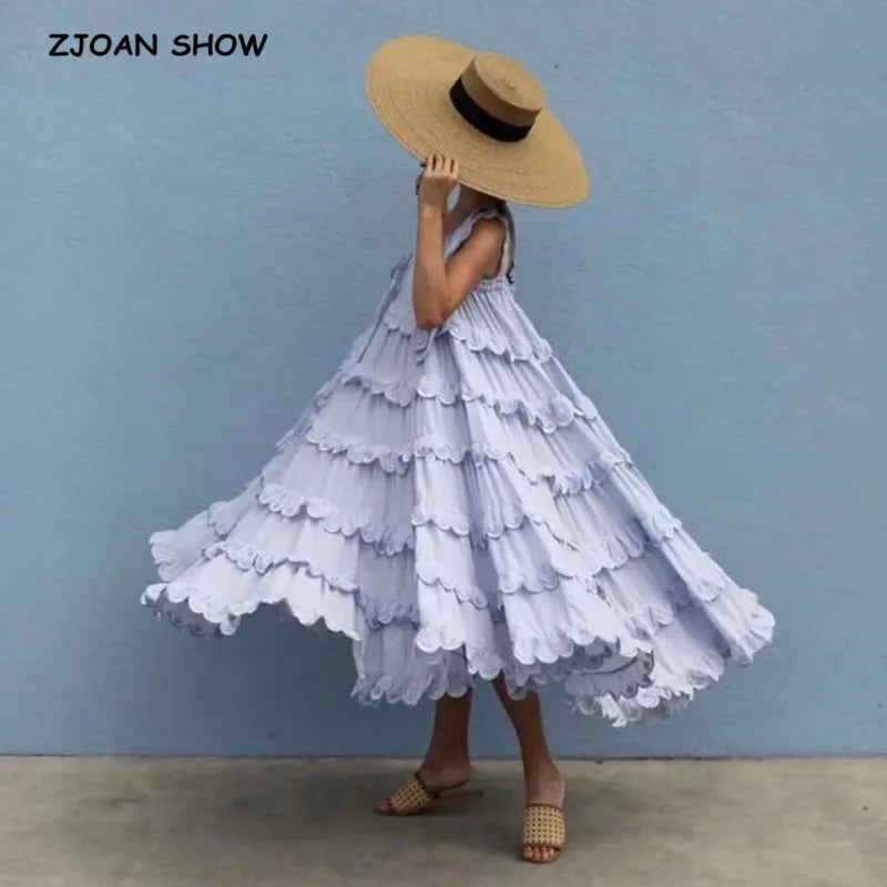 BOHO Stitching Lace Ruffles Tide Bow Spaghetti Strap Dress Ethnic Woman Slash Collar Long Big Swing Cake Dresses Holiay Robe