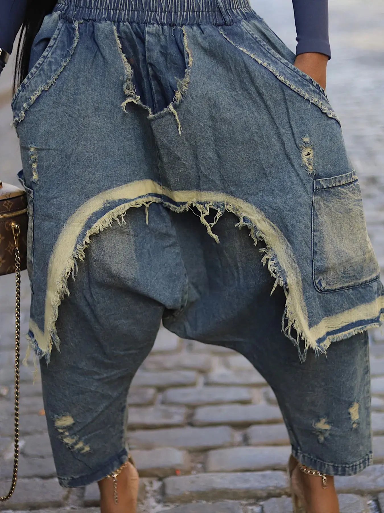 Women Streetwear Ripped Out Hole Denim Pants 2025 Fall Autumn Loose Safari Style Cargo Harem Hip Hop Jeans blue