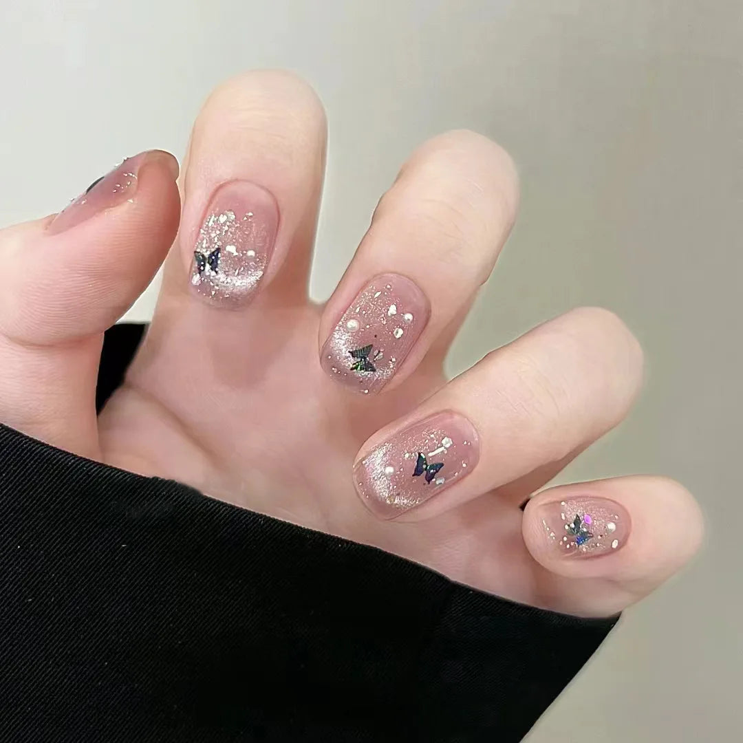 24Pcs Dark Black Stars Cat's Eye Press on Nails Set Summer Cute Wearing Short Fake Nail Patch Detachable Finished Nail Tips Art 5