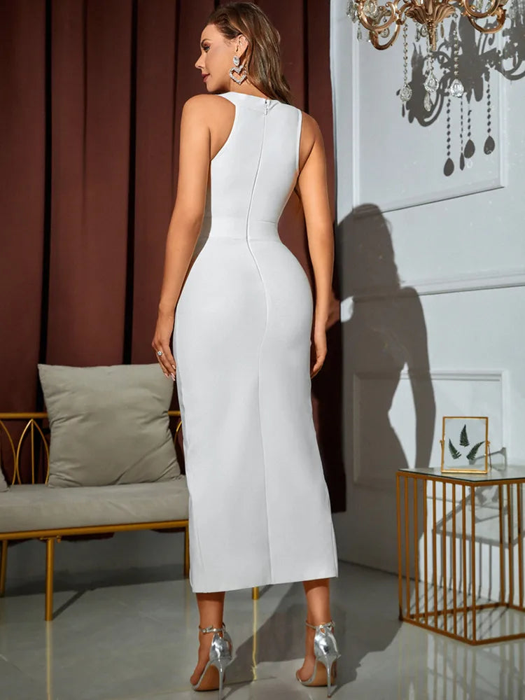 Women Summer Sexy V Neck Hollow Out White Split Midi Bodycon Bandage Dress 2022 Elegant Evening Club Party Dress