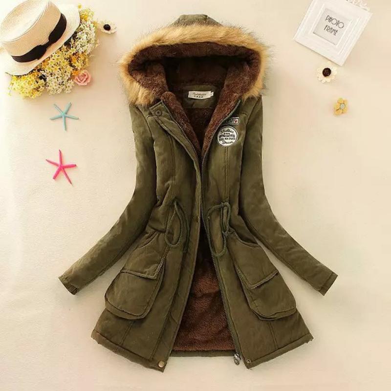 Women Autumn Winter Cotton Jacket Slim Warm Wadded Hooded Parkas Casual Mid Coats Emboridery Female Thick Outwear Overcoat Army Green