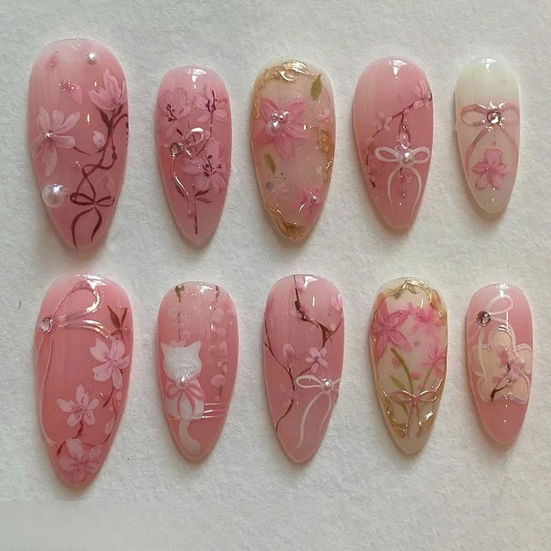 24Pcs White French Full Cover Fake Nail Tips with Pearl Reusable Short Almond False Nails Colorful Flowers Design Press on Nails 1112