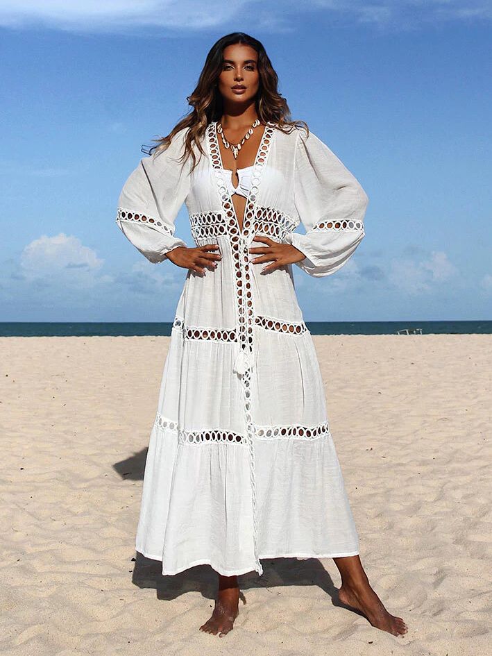 White Knitted Beach Cover up dress Tunic Long Pareos Bikinis Cover ups Swim Cover up Robe Plage Beachwear VE23059W10