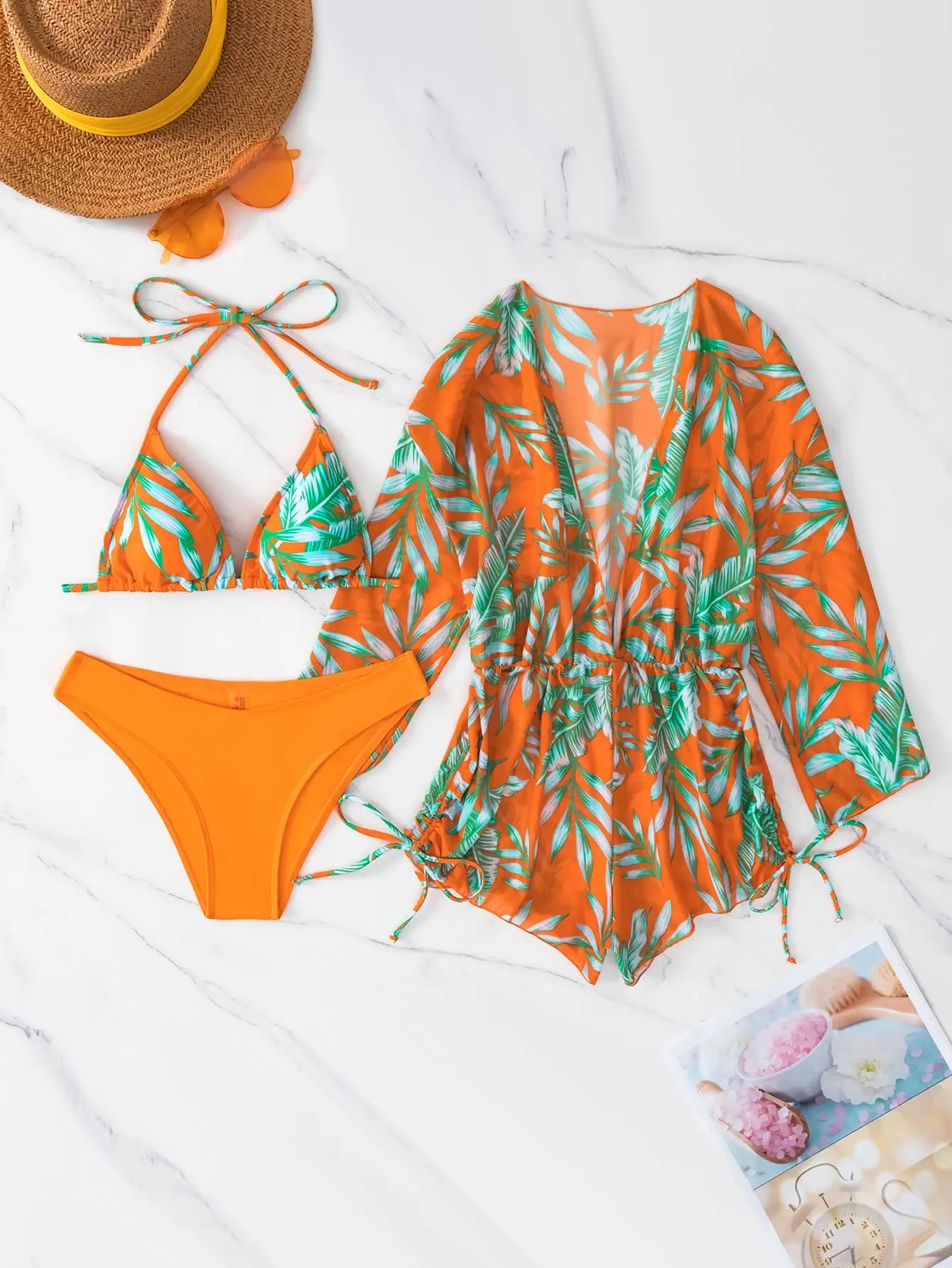 3 Pieces Bikini Tropical Print Swimsuit Halter Drawstring Side Swimwear Women 2023 Bathing Suit Female Swimming Summer Beachwear Orange