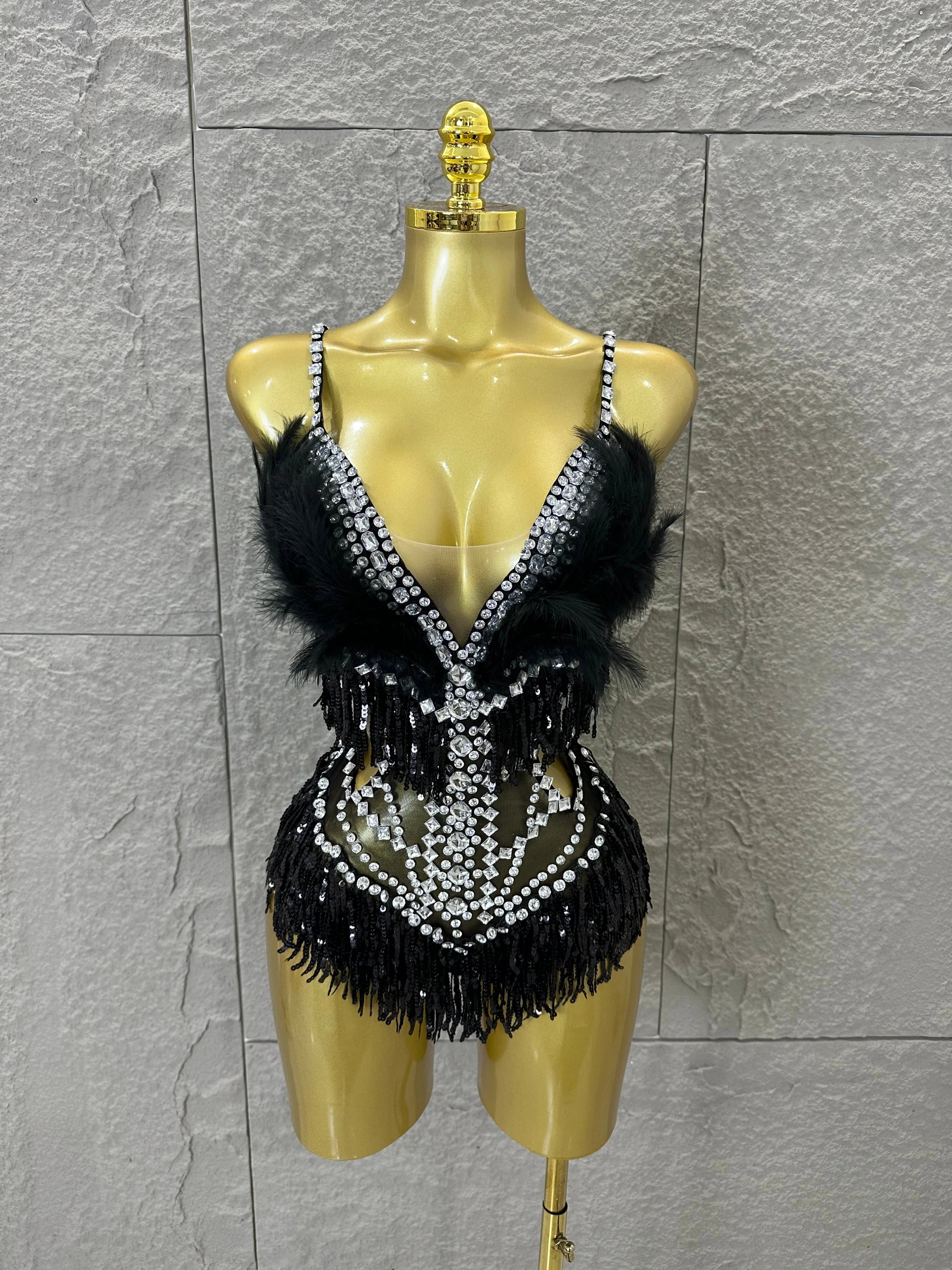 Luxurious Sheer Mesh Bodysuit Women Sexy Crystal Embellished Feather Fringe Trim Spaghetti Strap Outfit Stage Performance Outfit