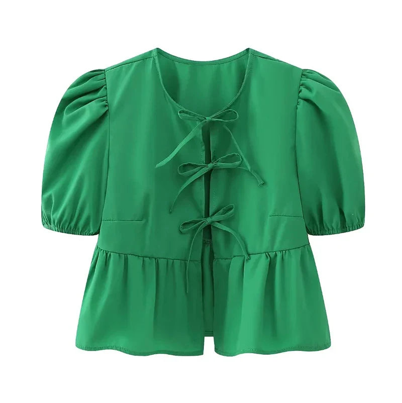 Bow Tied Lace Up Shirt Women Pleats Office Puff Sleeve Female Chic Slim Solid Tops Summer Sweet Lady V Neck Tops green